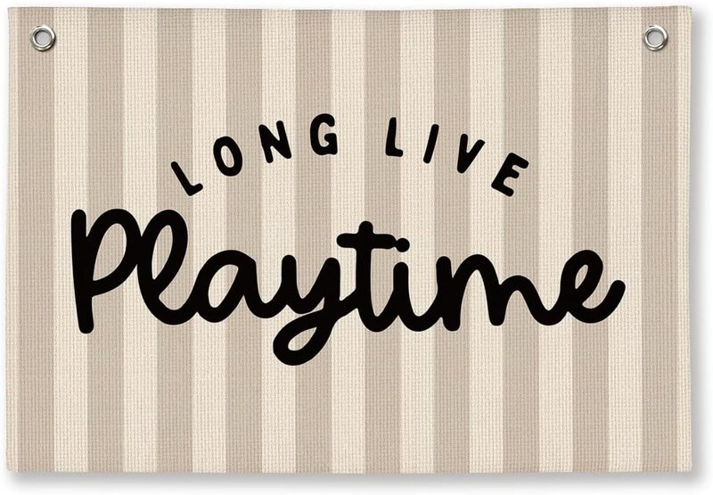 ShowDraven Playroom Decor, Long Live Playtime Wall Hanging Linen Banner, Blue Striped Wall Flag for Kids Room Nursery Playroom Decor, 20x30 Inch-Black - Image 1